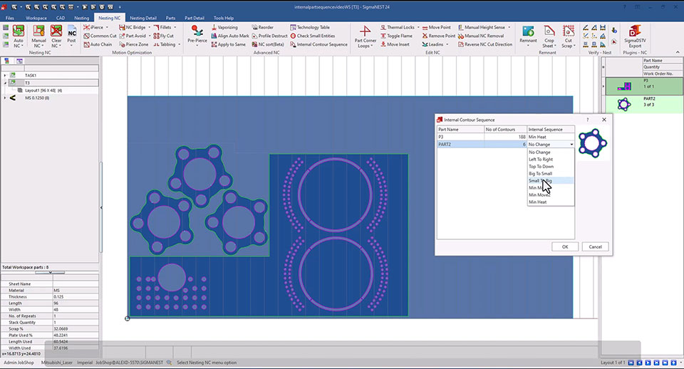 With SigmaNEST, users can set and save their preferred cut sequence at the part level that applies for the life of the part on any machine.