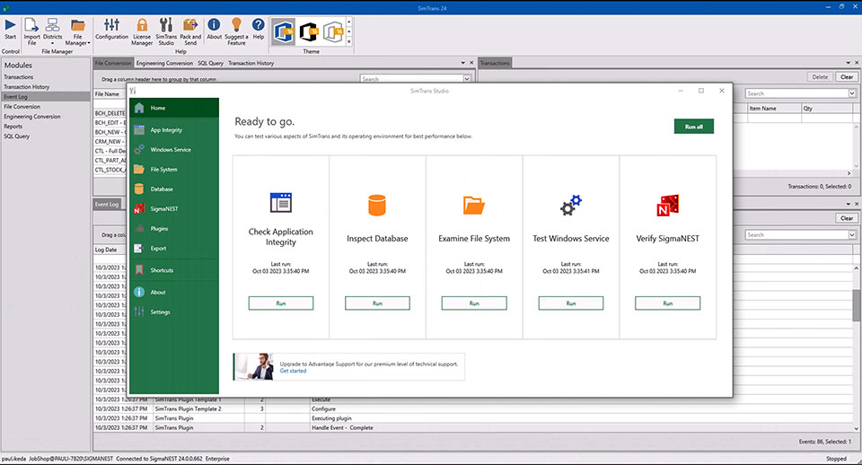 To ensure system functionality, SimTrans Studio will inspect a user’s SigmaNEST environment, databases, configurations and more.