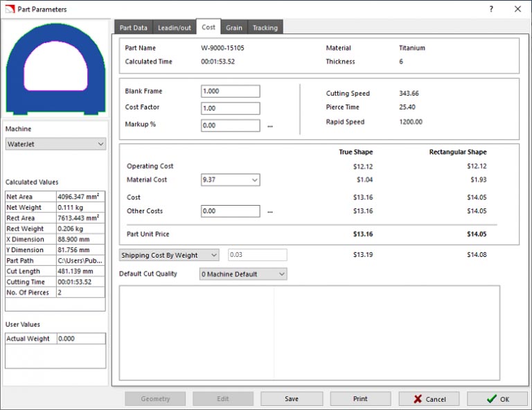 Figure 1. CAD/CAM software calculates the cost of the titanium material used here based on the raw material cost and the amount of material used, which can be either the actual material needed to make the part (True Shape) or the amount used by the smallest rectangle the part will fit in (Rectangular Shape). Knowing these, an estimator can quickly determine a least-and-most cost range. Operating Costs here can include the costs to operate the machine, consumables, shop overhead, and even the operator’s time.