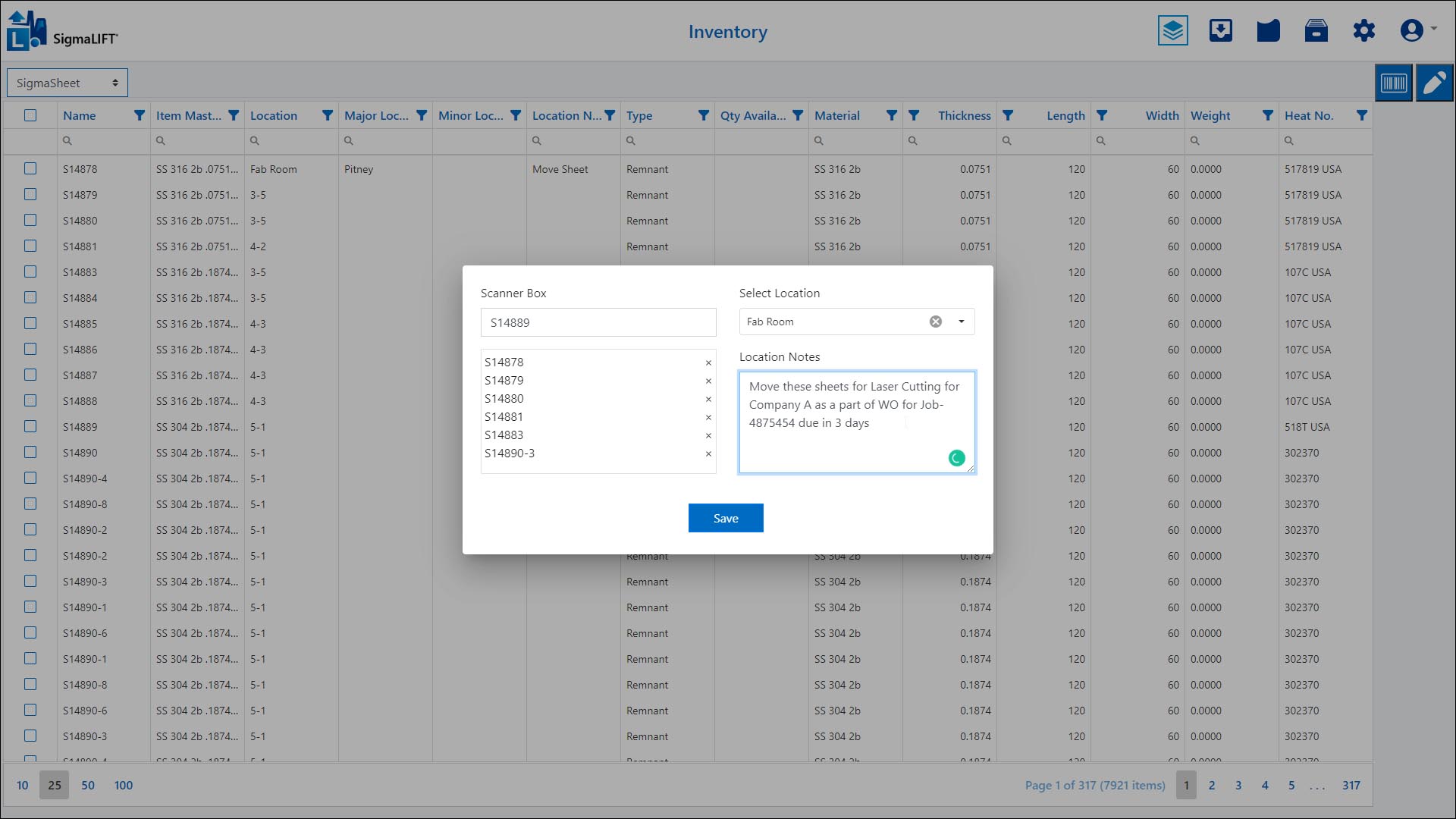 New SigmaLIFT shows all available batches for transfer and bar code tracking.