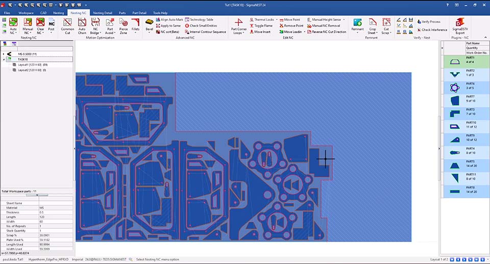 Remnant crosshatching gives quick visual access about remnant size and shape to guide logistics and storage.