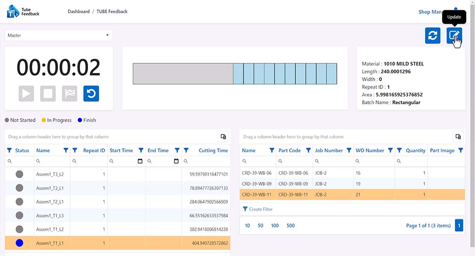 SigmTUBE integration within SigmaNEST extends to shop floor feedback of tube operatinos.